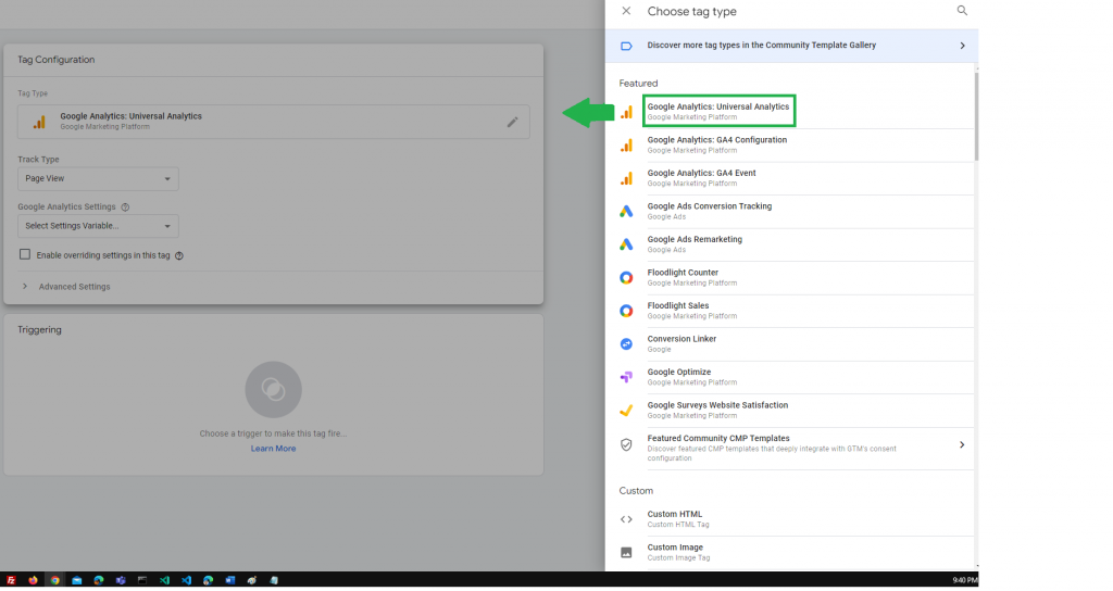 choose the tag type for google analytics