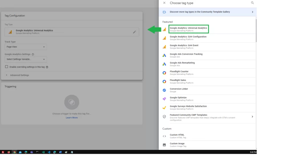 Choose The Tag Type For Google Analytics